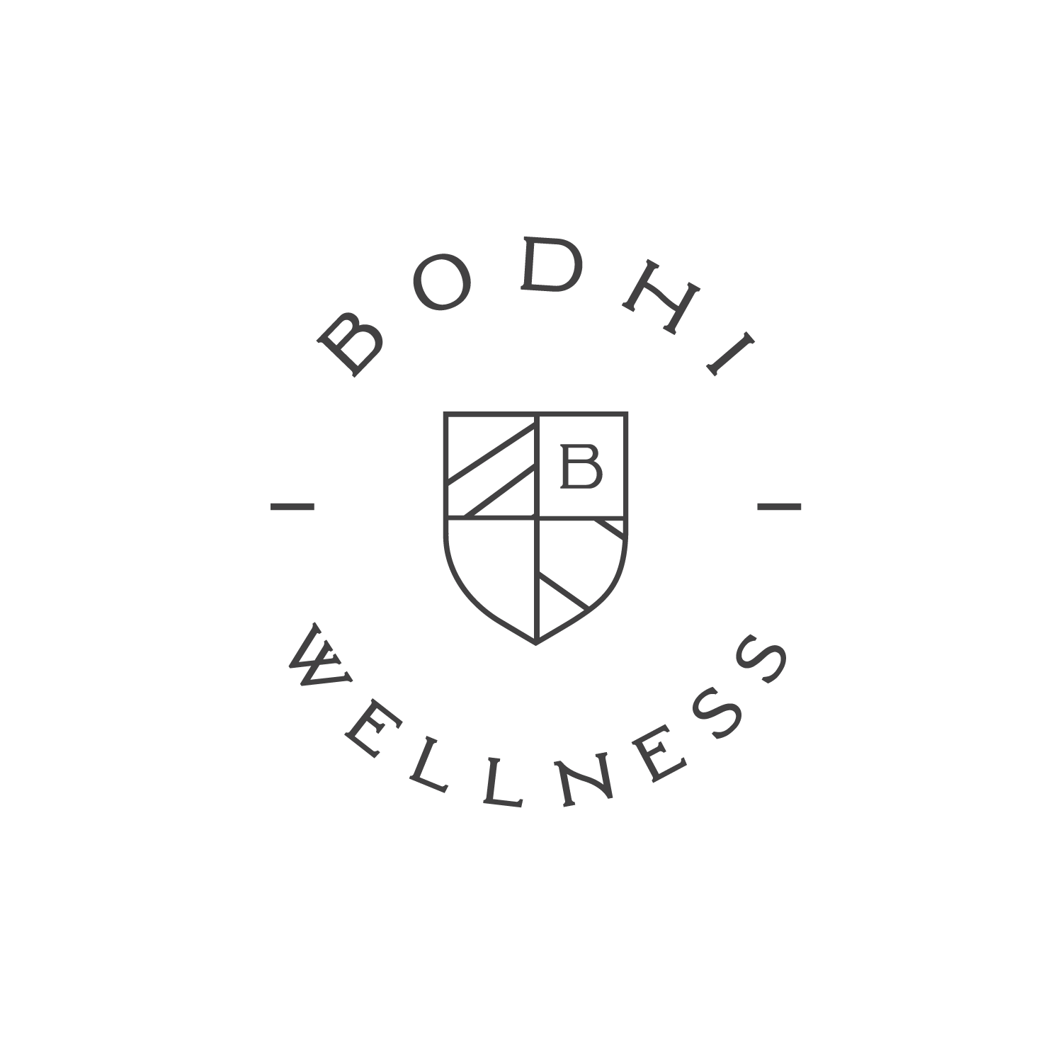 Black and white logo of Bodhi Wellness, featuring a shield with a letter B in the center and the words 'BODHI WELLNESS' curved above and below.