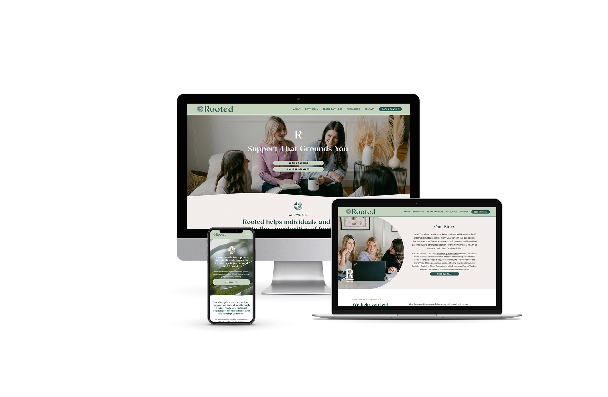 Multiple electronic devices displaying a website for Rooted, a therapy service, featuring images of women in a counseling session and various sections about the service.