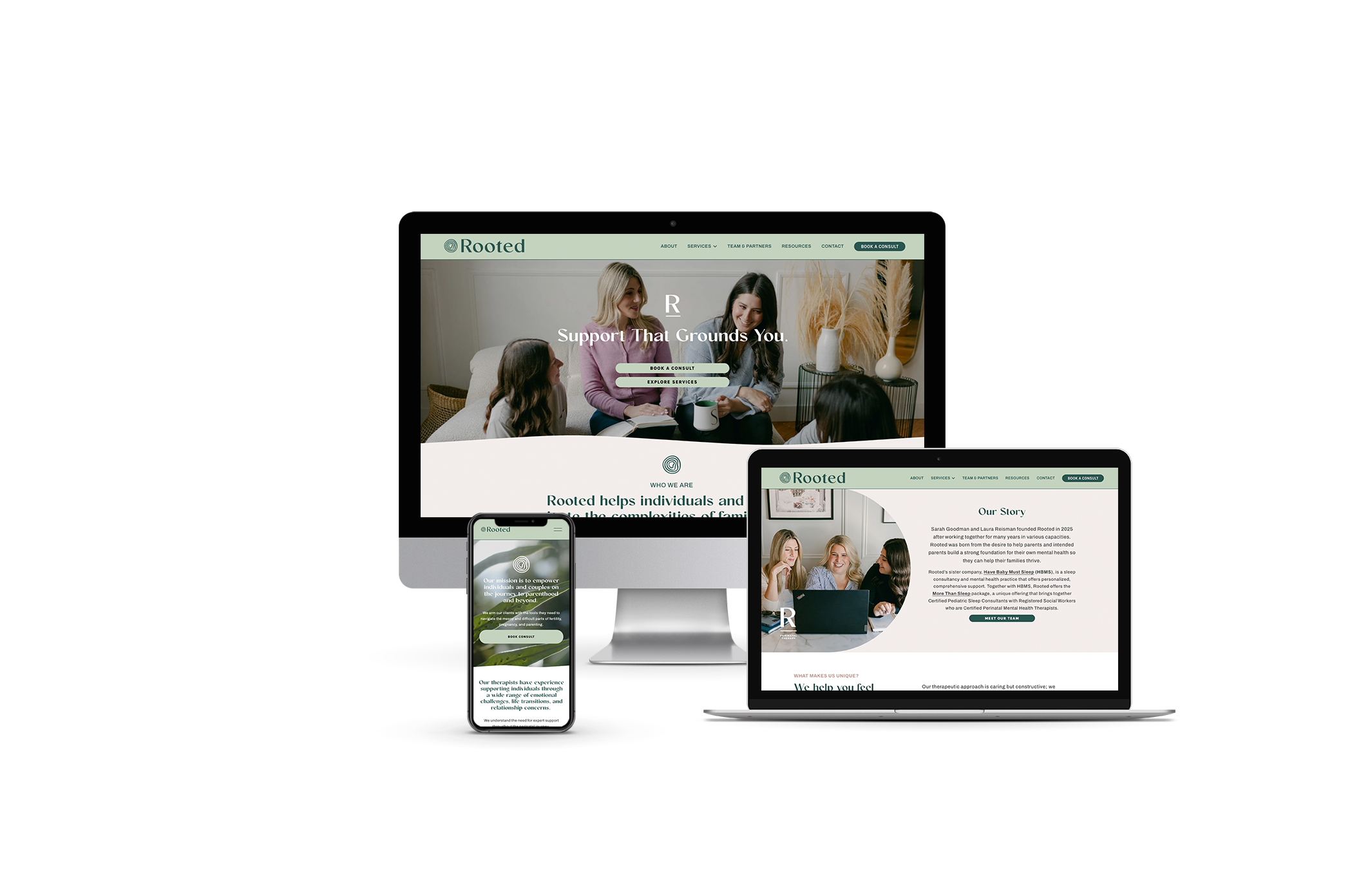 Multiple electronic devices displaying the homepage and informational content of a mental health support website called Rooted, featuring images of smiling individuals and a calming green color scheme.