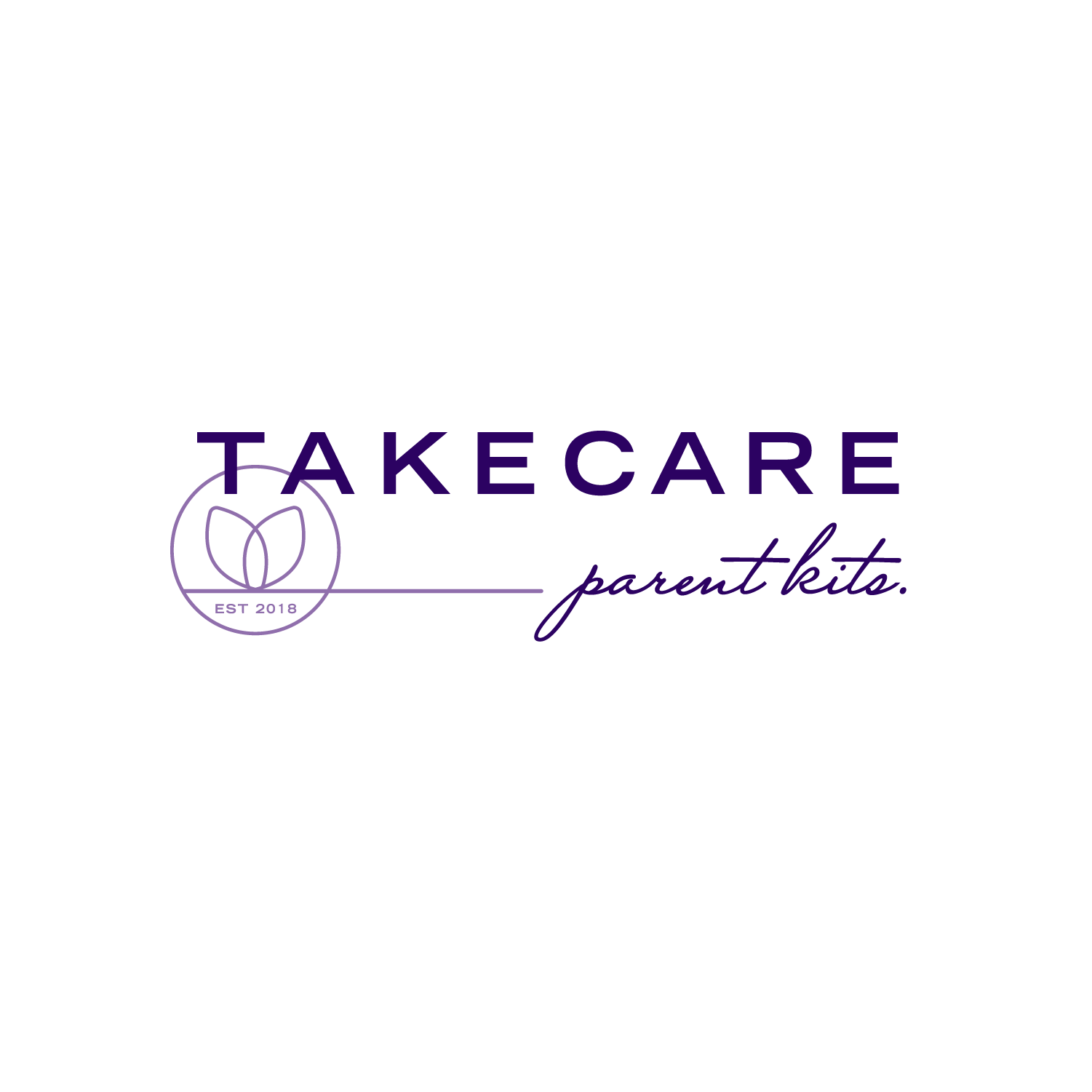 Logo for Take Care Parent Kites, established in 2018. The logo features a circular design with a stylized leaf inside and the text "Take Care" above and "parent kites" below in a purple color.