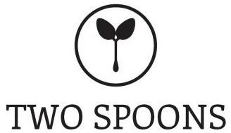 Logo with a circle containing a plant sprout with two leaves and a single stem, and the text 'TWO SPOONS' underneath.