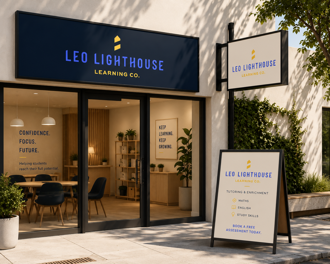 Exterior front of Leo Lighthouse Learning Co. with signage displaying tutoring services, including maths, English, and study skills, with a glass door entrance and interior with tables, chairs, and motivational posters.