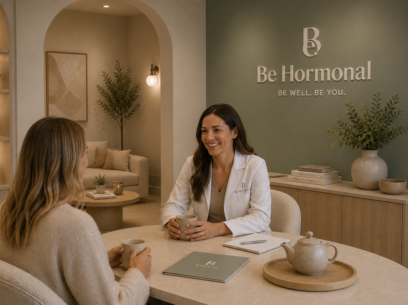 A woman with long brown hair wearing a cream-colored sweater sitting across from a smiling woman with dark hair wearing a white coat at a table, holding mugs, in a wellness clinic with a sign reading 'Be Hormonal' on the wall.