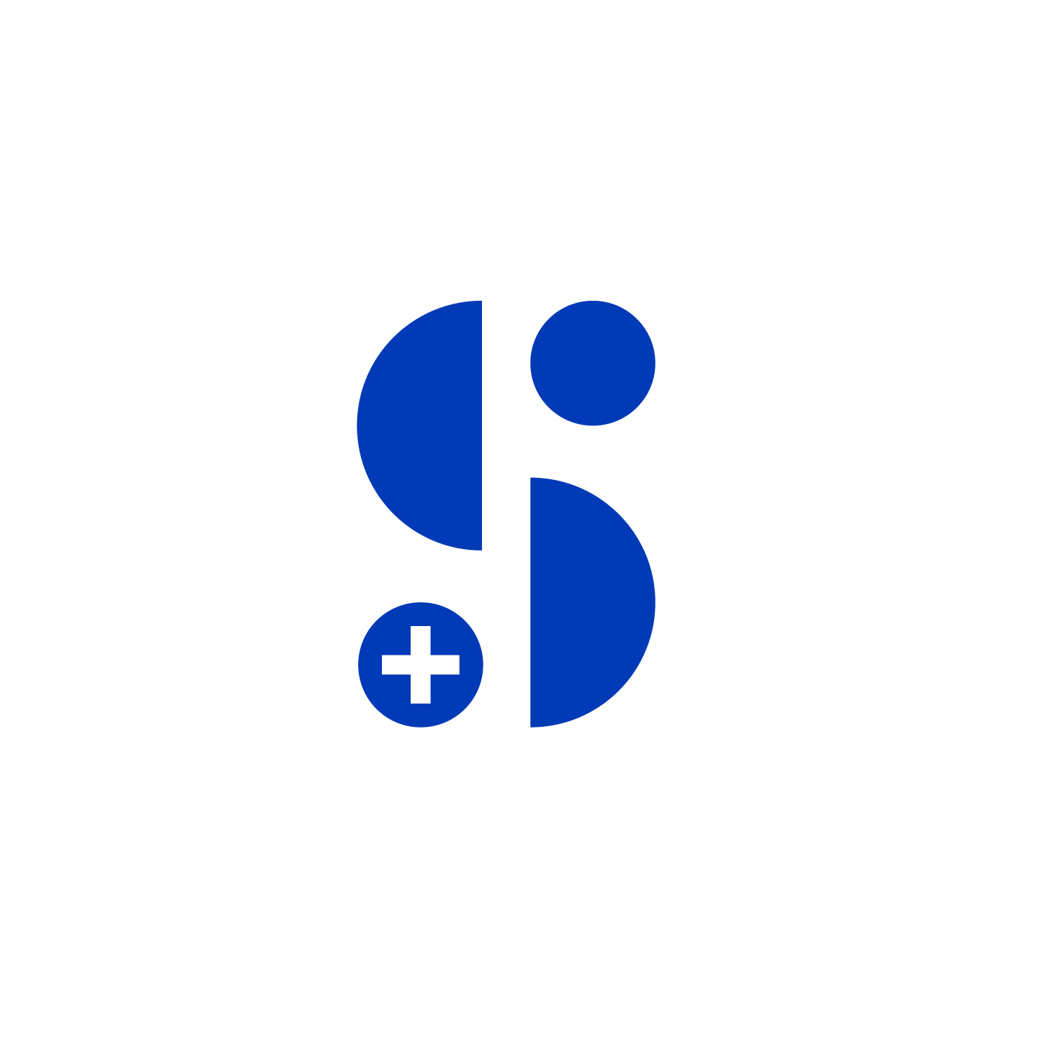 Illustration of a medical symbol with blue shapes, including a circle with a plus sign, a semicircle, and other geometric forms.