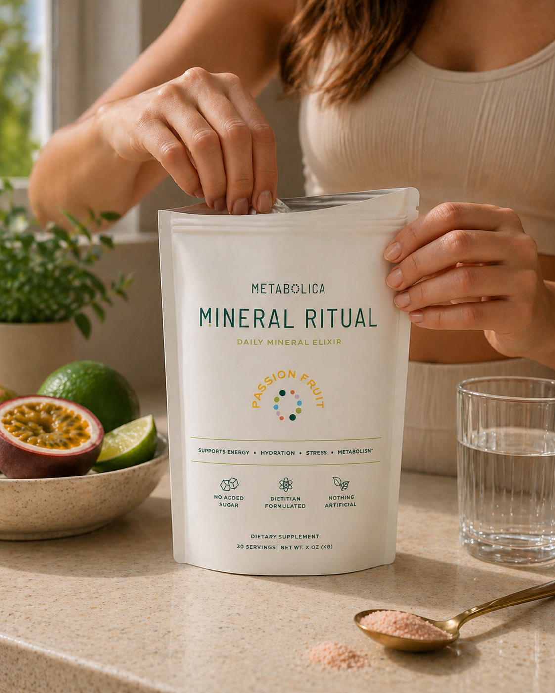 A woman opening a bag of Metabolica Mineral Ritual daily mineral elixir, with a bowl of passion fruit, lime, and a glass of water on a kitchen counter.