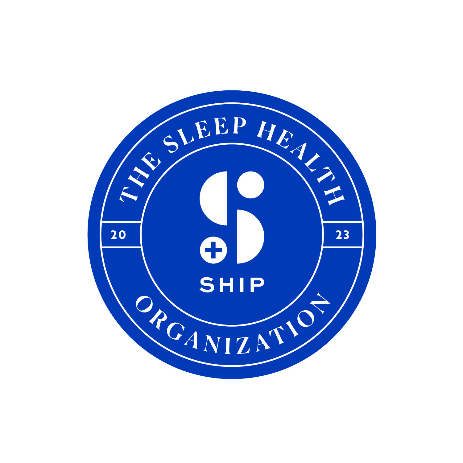 A blue circular badge with white text and symbols, reading 'The Sleep Health Organization' and 'Sleep Ship', with the years 2020 and 2023 on each side, and a stylized sleep-related logo in the center.