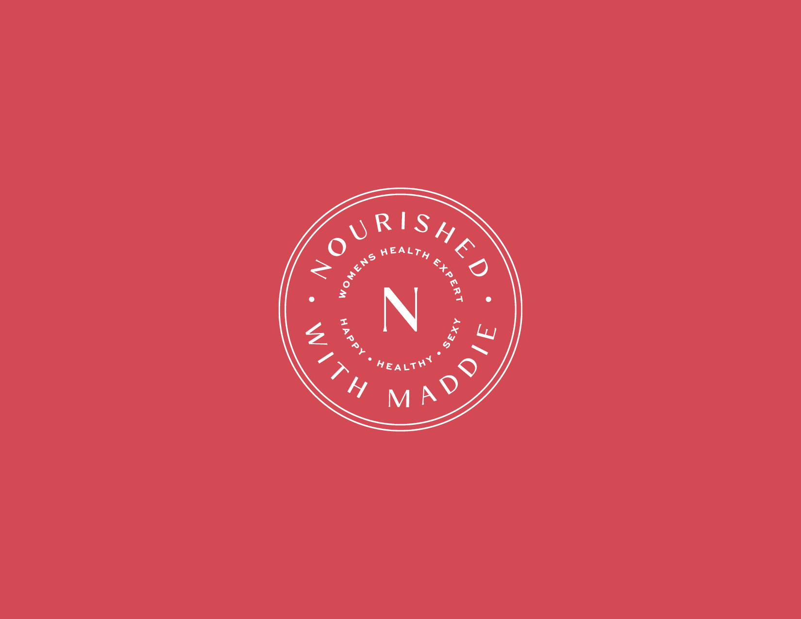 A coral background with a white circular logo in the center. The logo contains the text "NOURISHED WOMEN'S HEALTH EXPERT" around the inner circle, with a large "N" in the middle. Around the bottom half of the circle, the text reads "WITH MADDI" and "HAPPY · HEALTHY · SEXY".