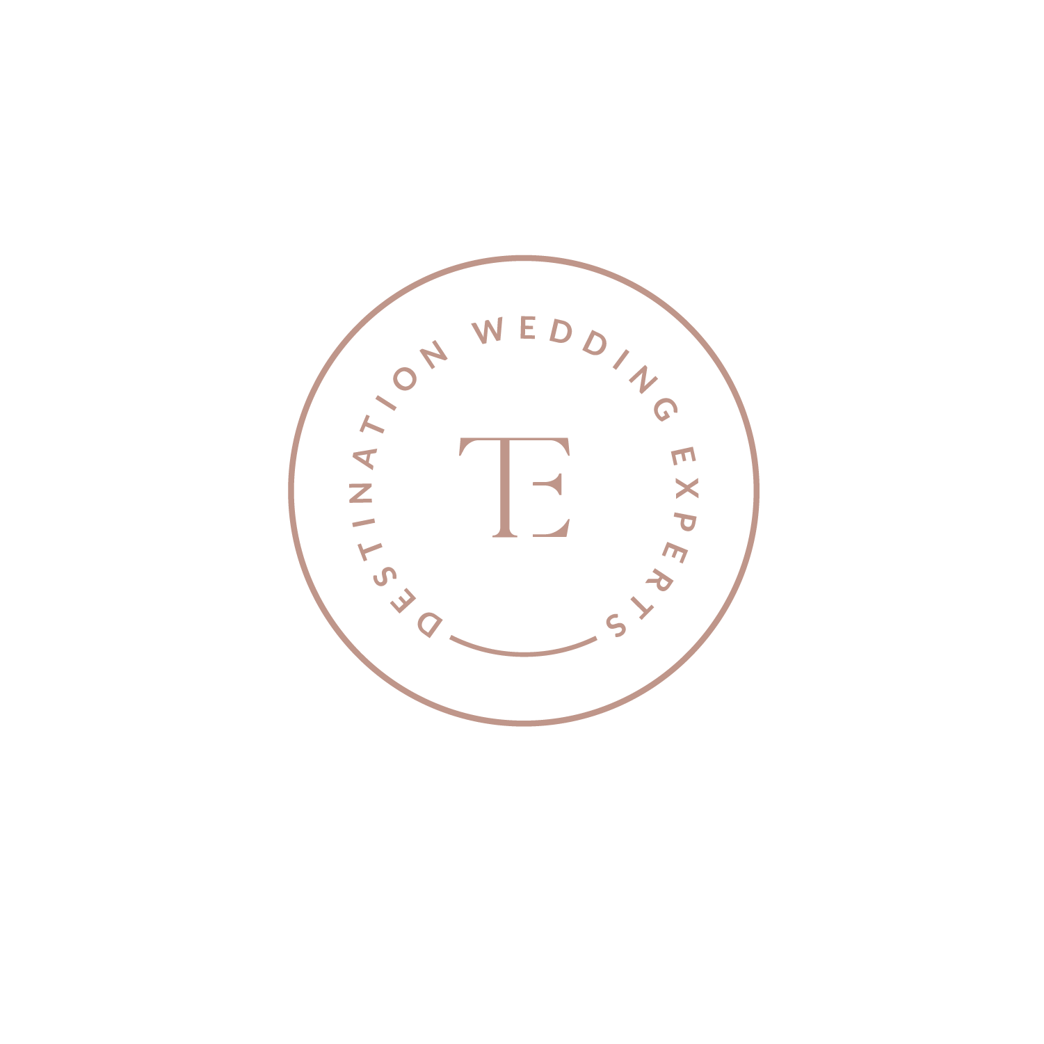 Black background with a circular emblem in the center. The emblem features a large letter 'T' inside, with the text 'Destination Wedding Experts' around the circle in a soft pink color.