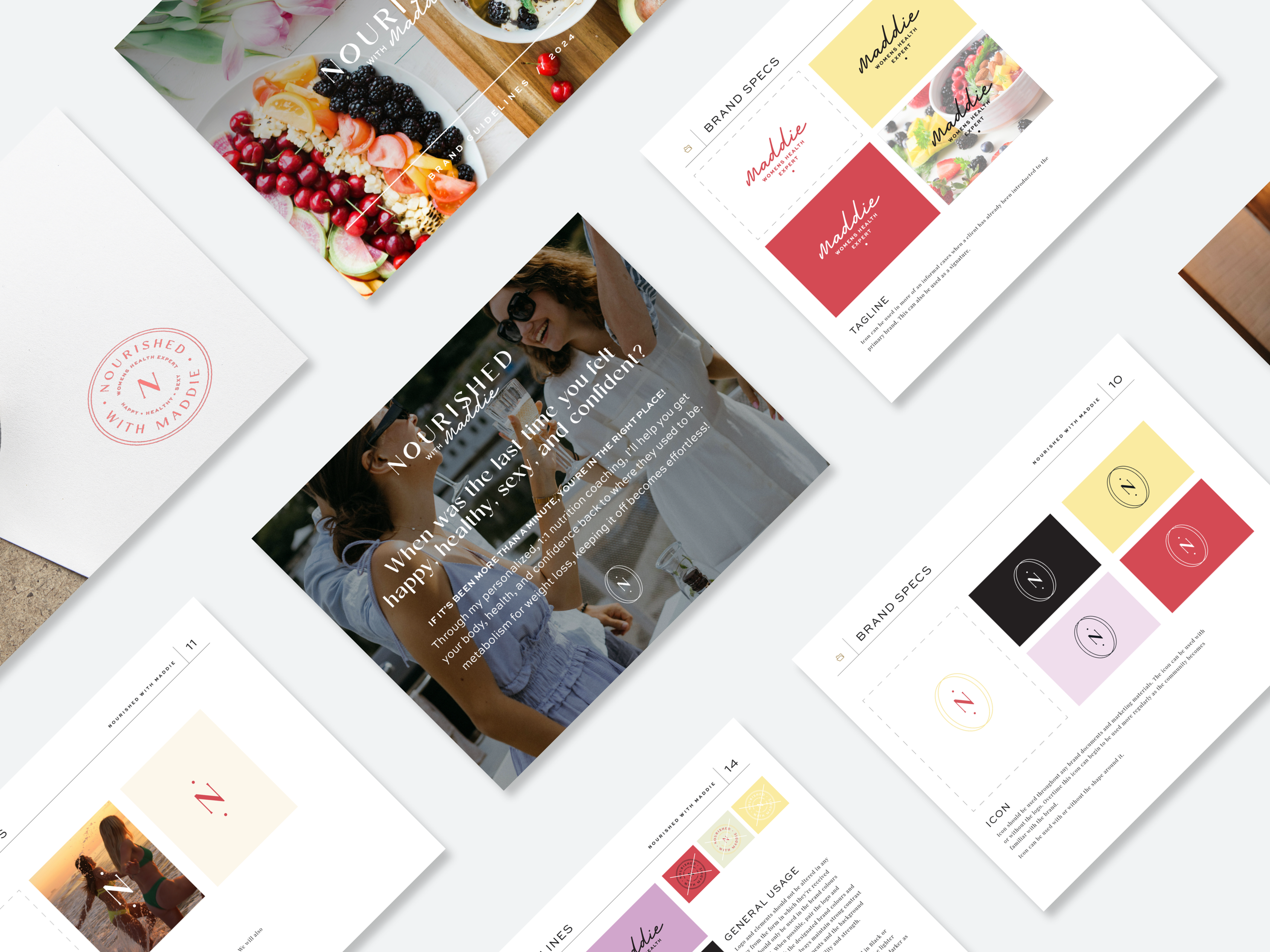 Assortment of brand design templates featuring Nourished by Maddie, including food photography, logo designs, color palettes, and brand guidelines.