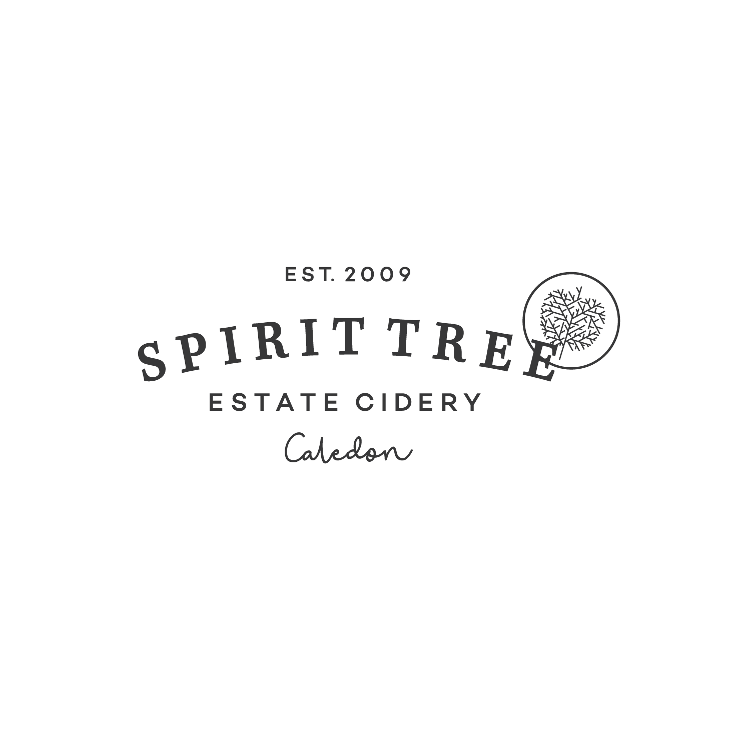 A dark logo with the text 'Spirited Estate Cidery Caledon', established 2009, and a small tree illustration.
