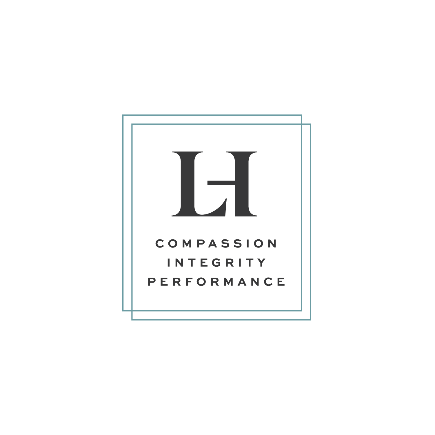 A black background with a centered logo that features a gray 'L' and 'H' inside a light blue rectangle. Below the letters, the words 'Compassion', 'Integrity', and 'Performance' are written in gray uppercase letters, stacked vertically.