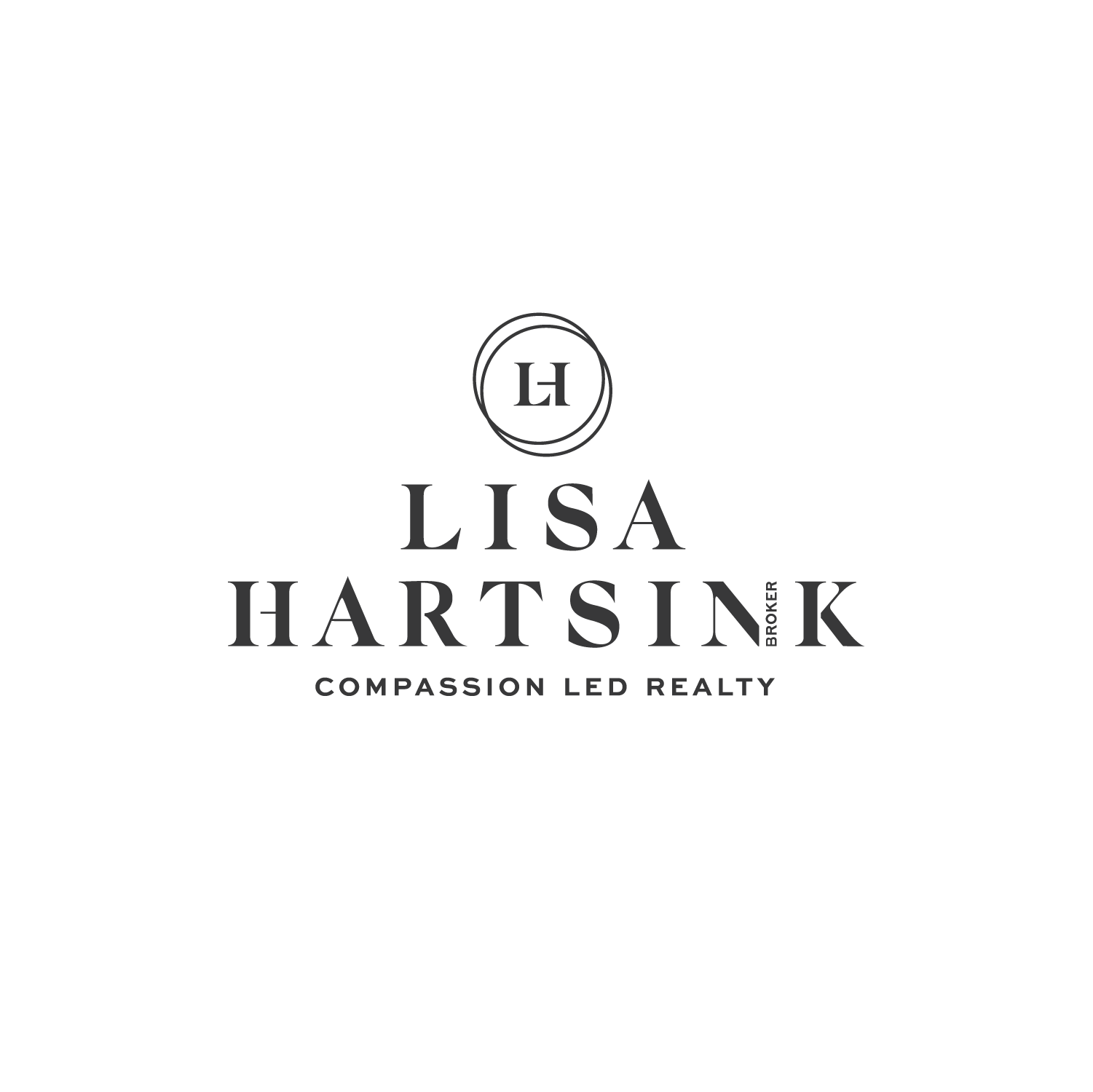 Logo for Lisa Hartsink, Broker, with text 'Compassion Led Realty' and a circular emblem containing the initials 'LH'.
