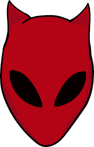 Red superhero or comic character mask with black eye holes and cat-like ears.