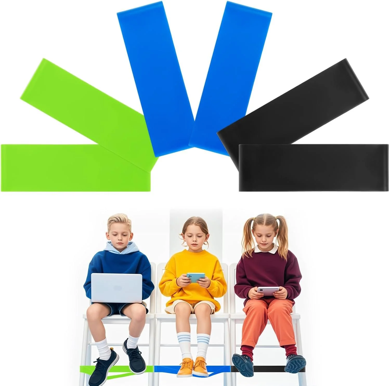 Set de 6 bandas elásticas.
Ideales para niños y adolescentes con TDAH. Alivia su ansiedad y deseo de levantarse de la silla o golpear otra silla o mesa. Ideal para la casa y escuela.
