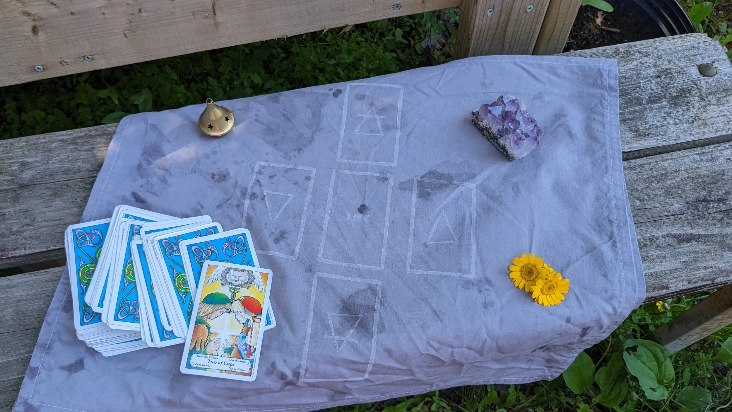 tarot cloths. GOTS certified cotton, hand dyed by myself with sumac and iron. Hand printed with caligo safewash inks.