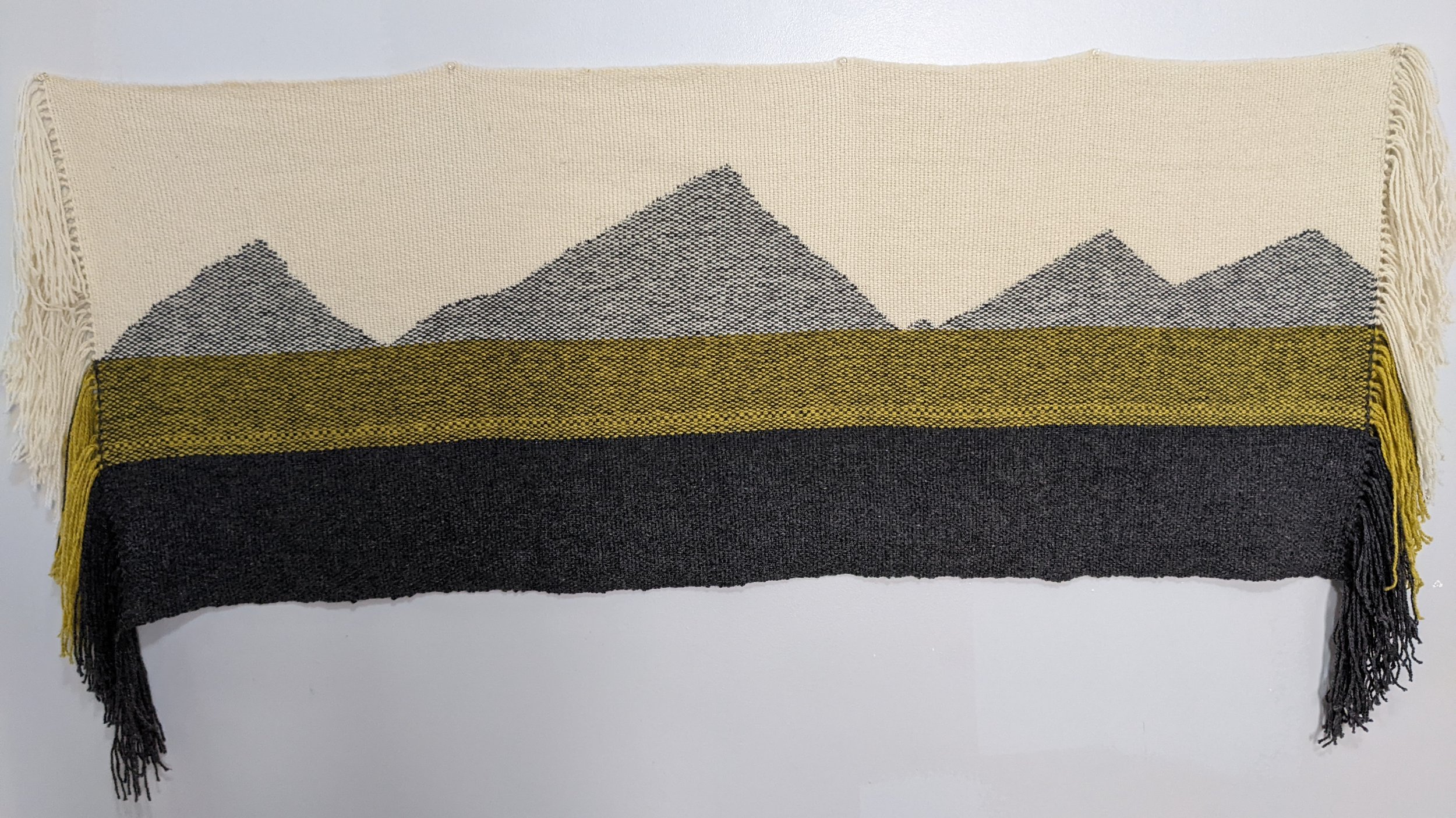 SOLD - Mountain Shawl. 5'4" + 11" fringe. 26" wide. 100% wool. Clasped Weft. Woven on a Rigid Heddle Loom.