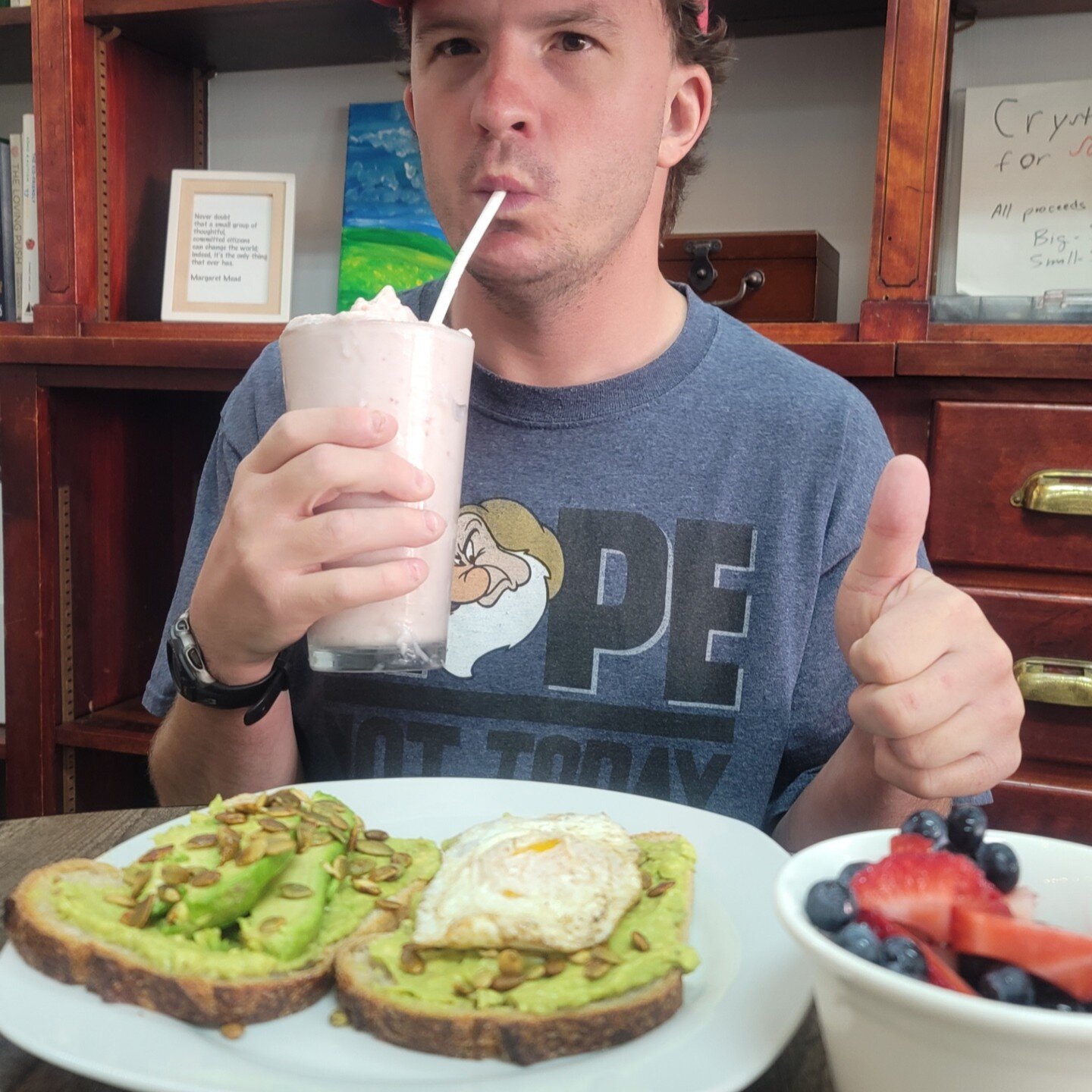 A meal fit for king Adam, one of our AWESOME volunteers!

Stay cool with us at GET cafe and get a delicious strawberry banana cream smoothie or satisfy your hunger with an awesome avocado toast! #getcafenarberth #awesomevolunteer #smoothie #avocadoto