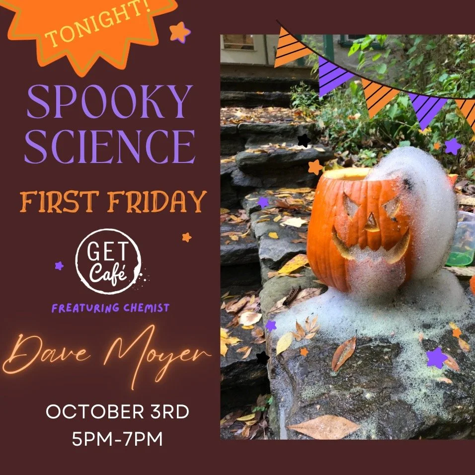 🎃 Get ready for a SPOOKTACULAR First Friday at GET Caf&eacute; tonight! 🧪 Join us for a thrilling evening with chemistry teacher Dave Moyer, who&rsquo;s bringing FUN chemistry experiments with a spooky twist! 👻 Don&rsquo;t miss the fizz, pop, and 
