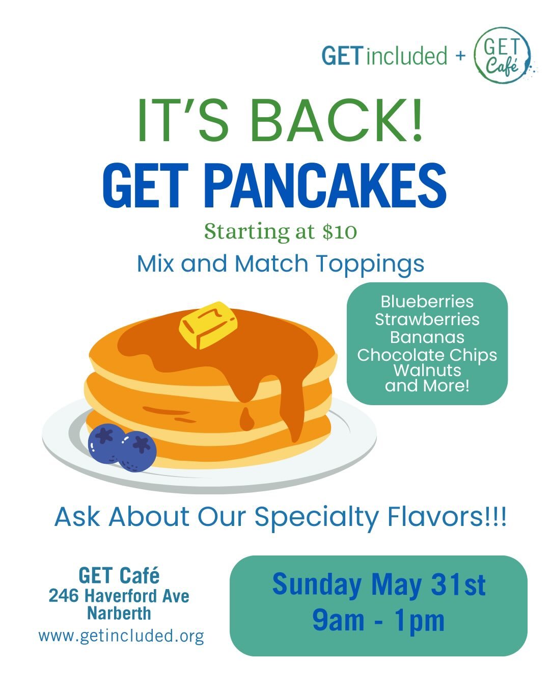 GuEss whaT&rsquo;s back&hellip;

Our beloved GET Pancakes Sunday is back this coming Sunday, May 31st from 9am-1pm.  Build your own perfect pancake by mixing and matching from the variety of toppings we have to offer&hellip; or, if you are feeling ad