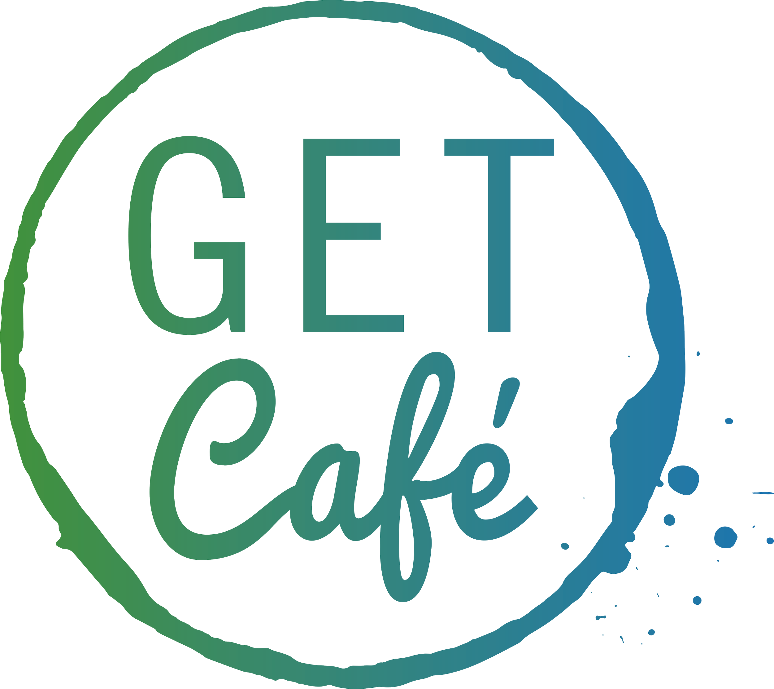 Colorful logo with the word 'EAT' inside a circle with splashes of blue and green.