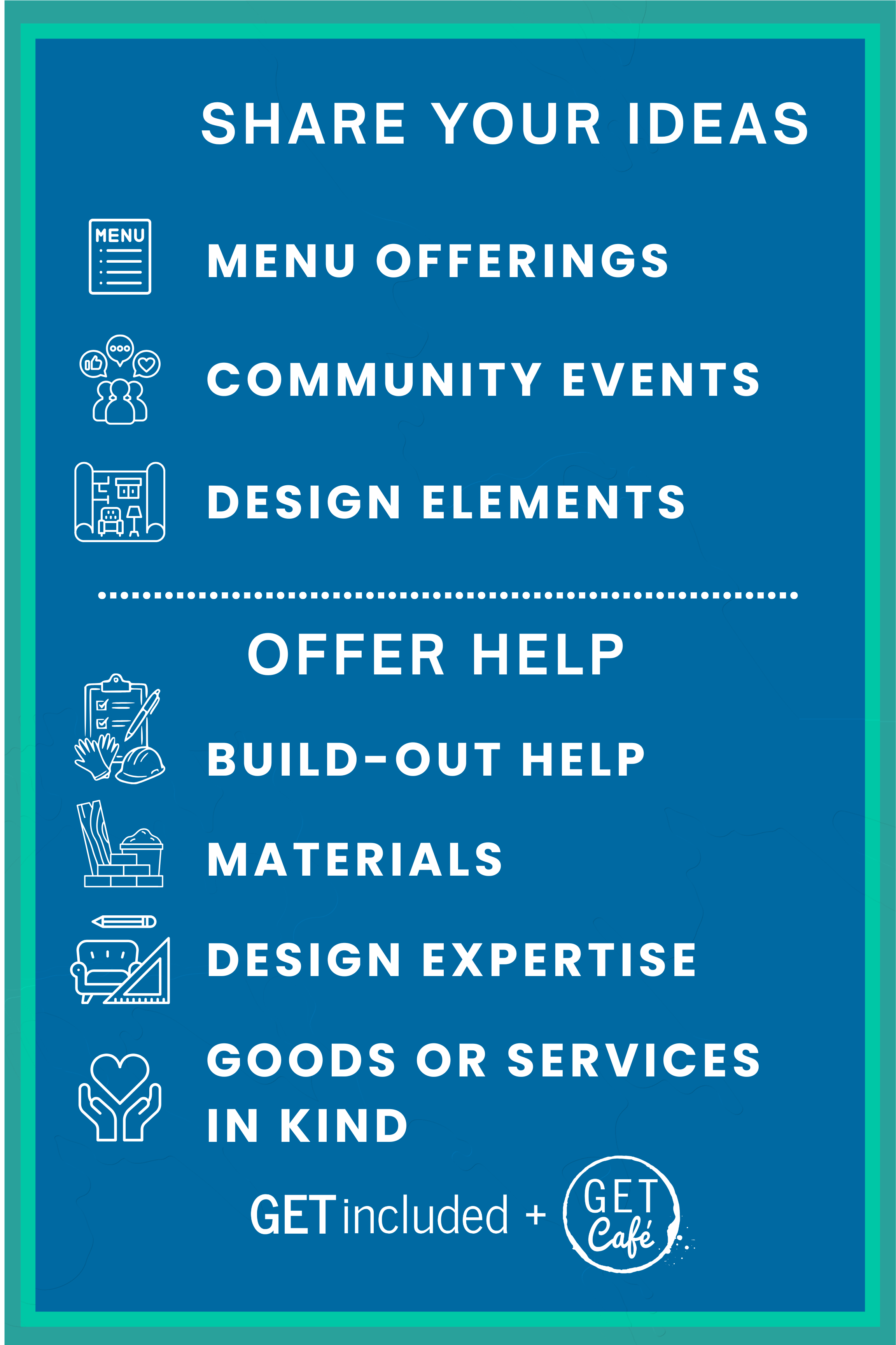 A colorful poster with the title 'Share Your Ideas' and sections for menu offerings, community events, design elements, help, and materials, each accompanied by icons. The bottom mentions 'GET included + GET Cafe'.