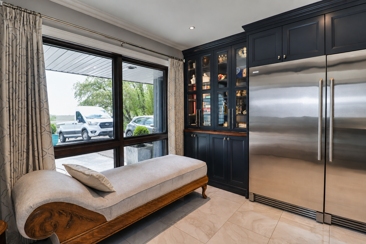 Black Berry pantry cabinetry with blue-backed glass doors and refrigerator.