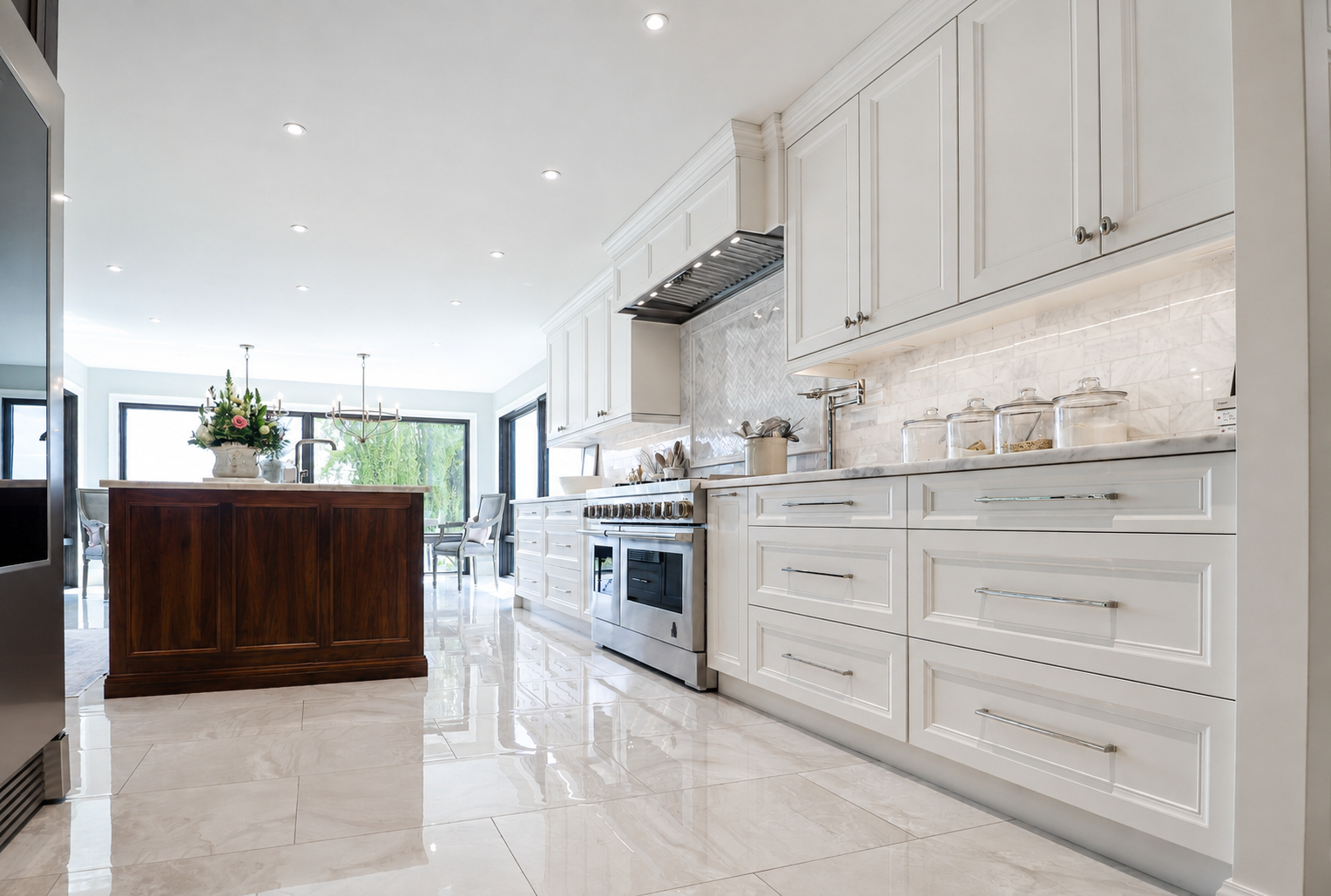 Large kitchen with Cloud White cabinetry and Morocco-glazed walnut island.