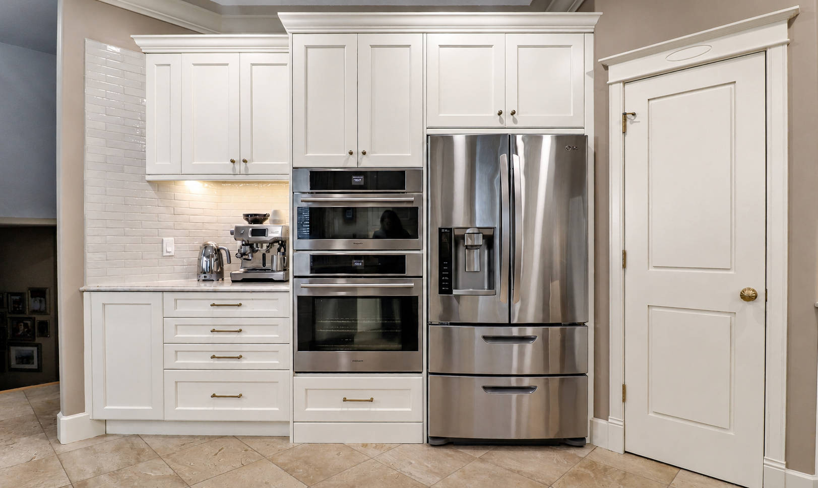 Crisp Linen appliance wall with refrigerator, double ovens and coffee station.