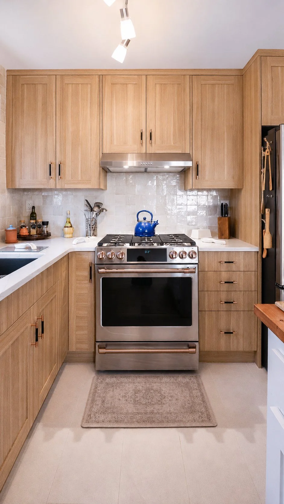 Tall Parona Walnut-finish cabinets framing a stainless steel range hood and oven.