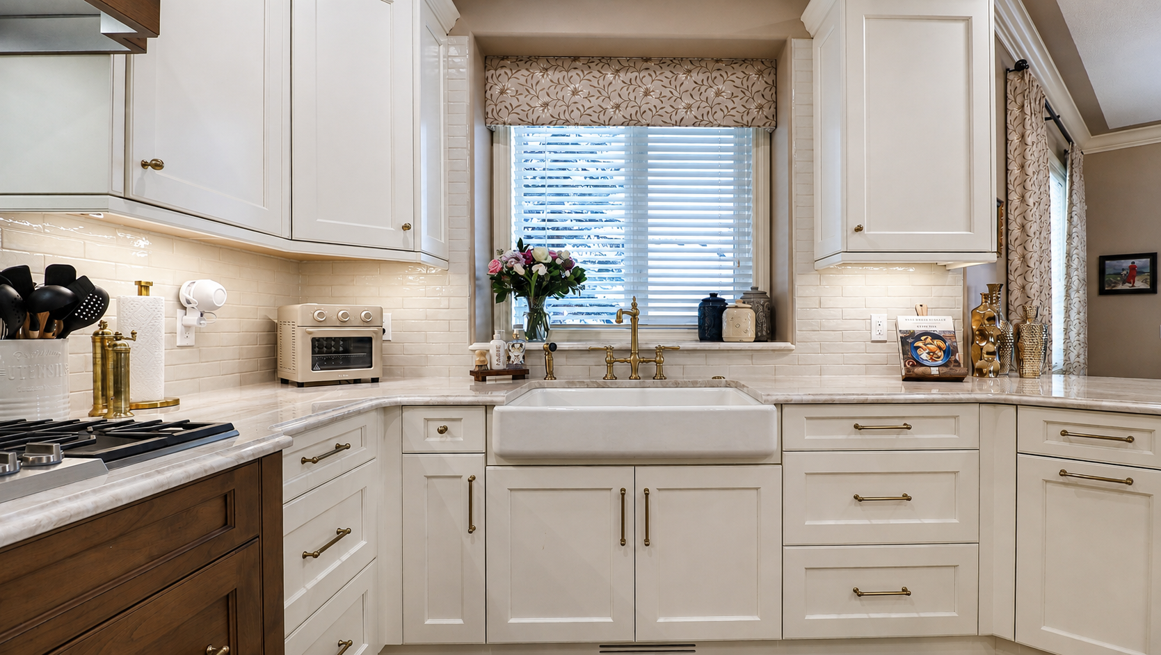 Apron-front sink beneath a window with Crisp Linen cabinetry and Taj Mahal quartzite.
