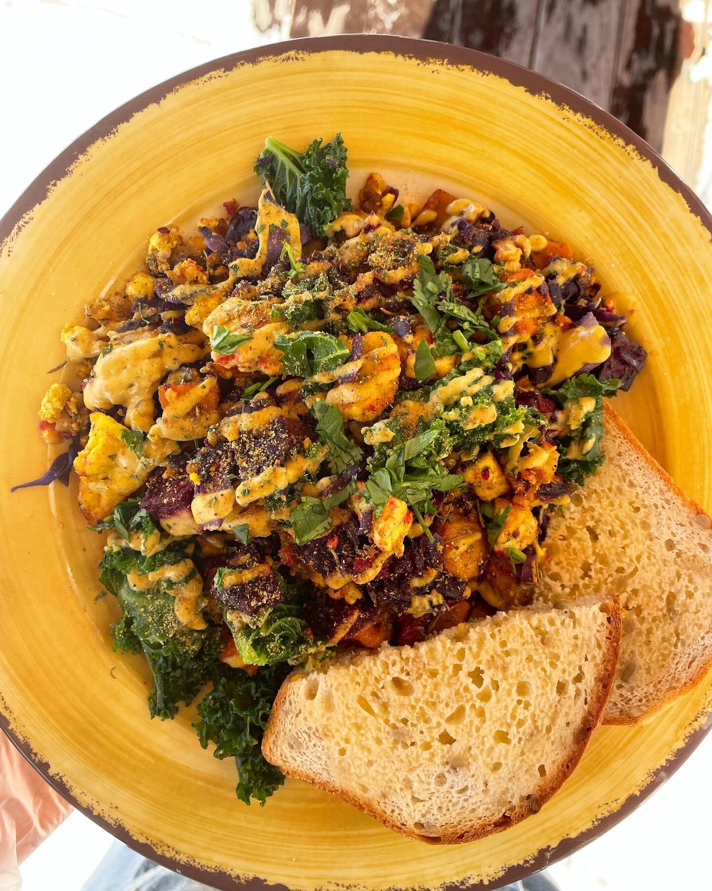 Reminiscent of our rainbow roots omelette of old we have a Red Flannel Hash on special today! A splendid pile of roasted potatoes and beets, tofu, sweet potato, caramelized cabbage, steamed kale, butternut cashew cheese sauce and a piece of toast ! 
