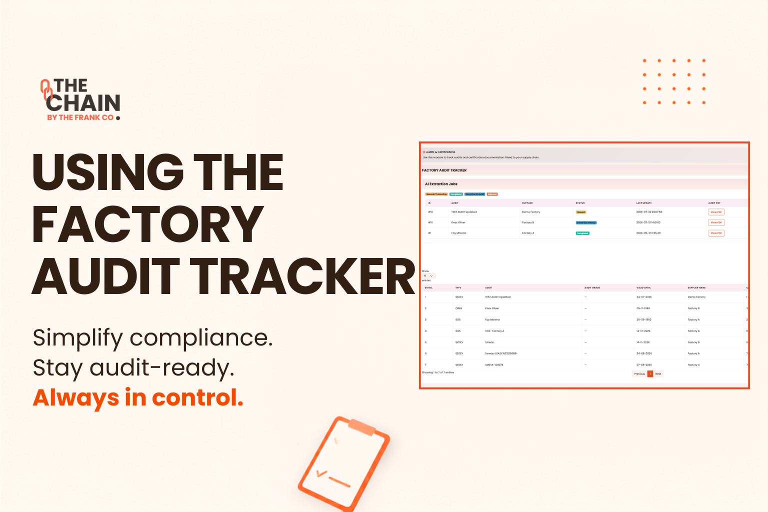 Using the FACTORY audit tracker