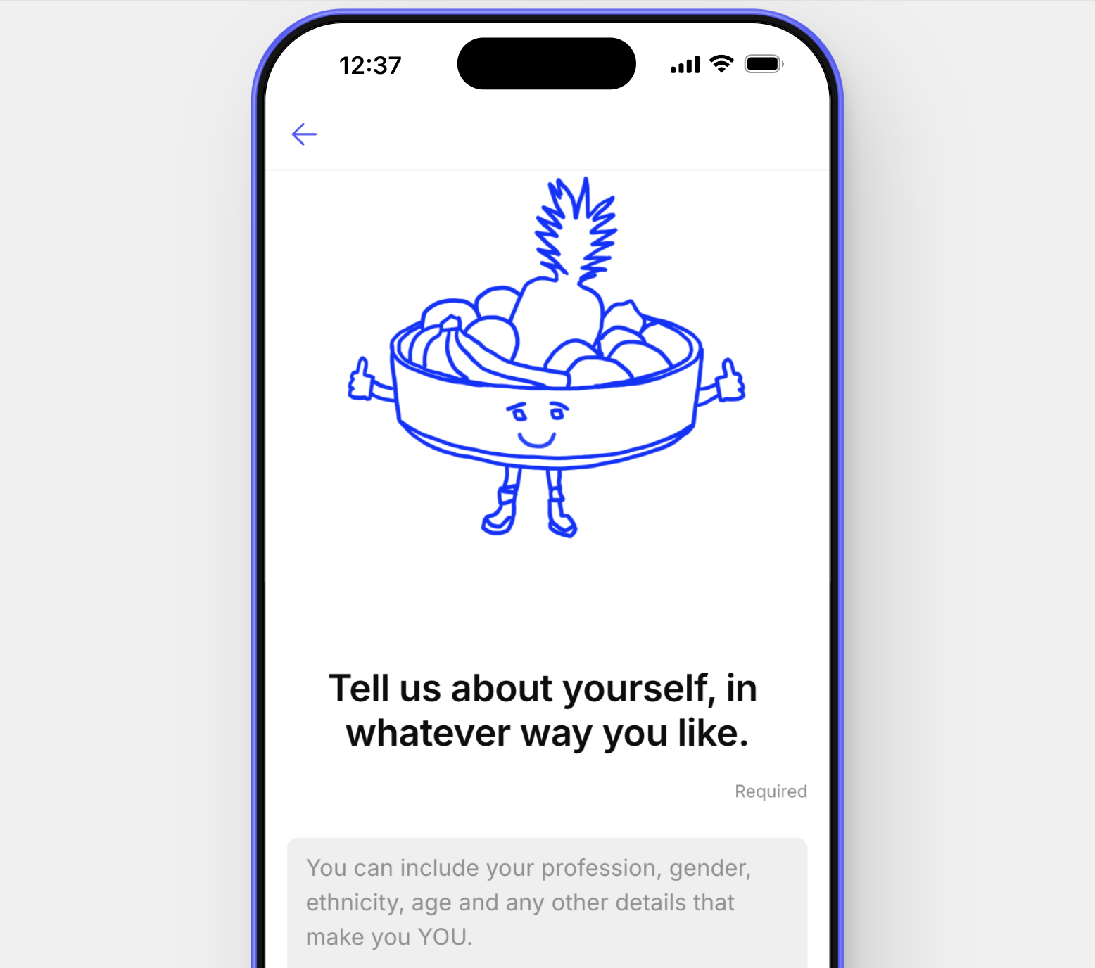 Survey input page of app, with sentient fruitbowl image