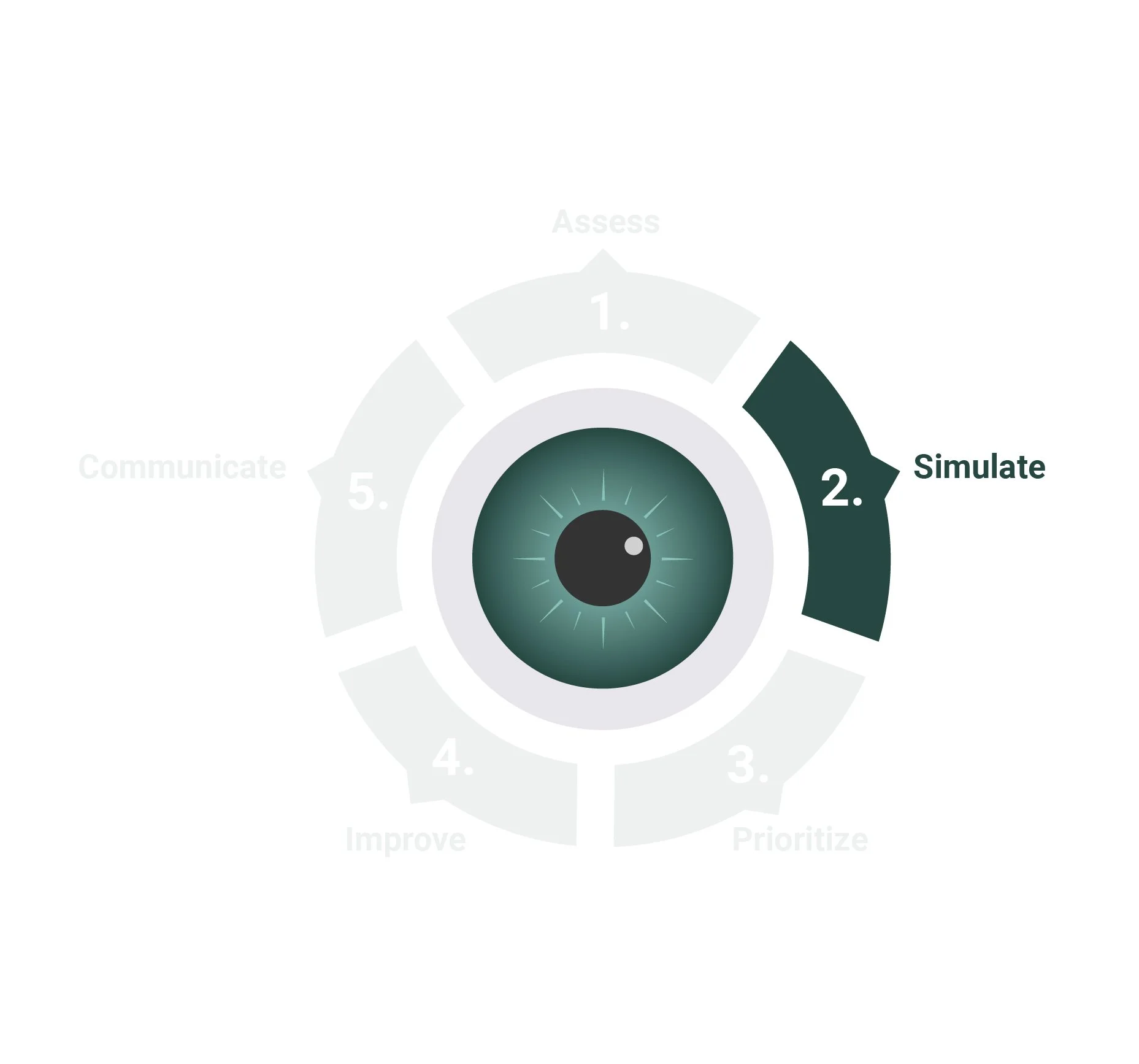 Birdseye eyeball graphic, five sections, top-right section, "simulated" highlighted in dark green