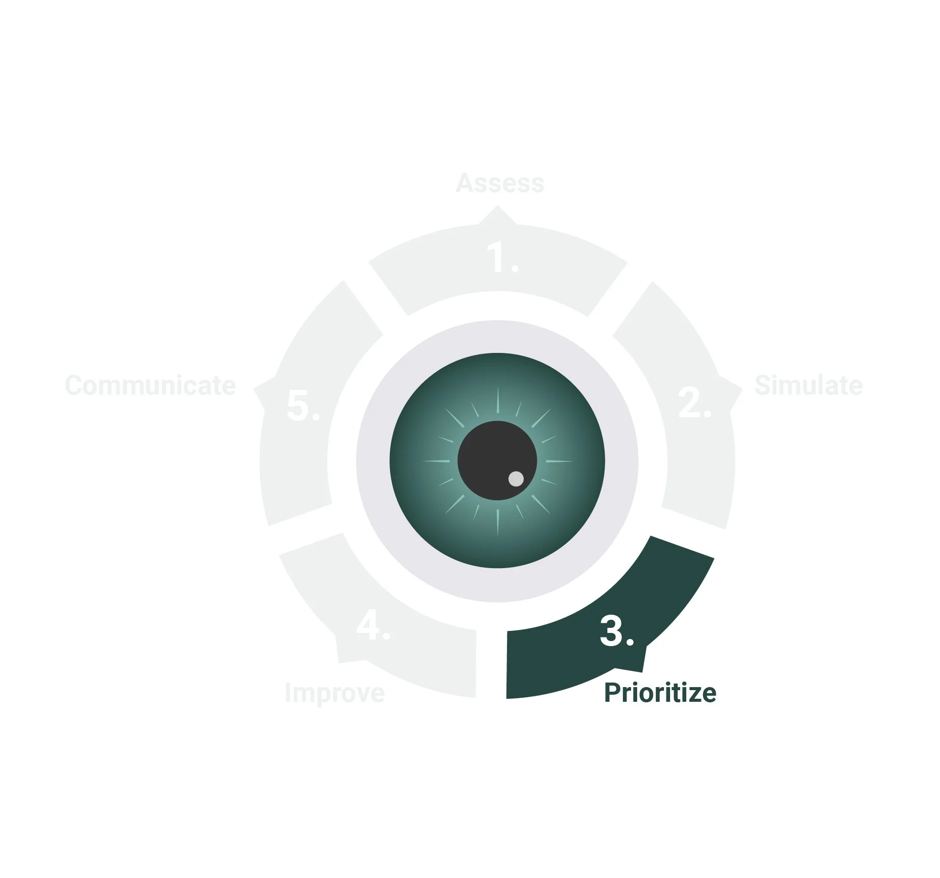 Birdseye eyeball graphic, five sections, bottom right section, "prioritize" highlighted in dark green