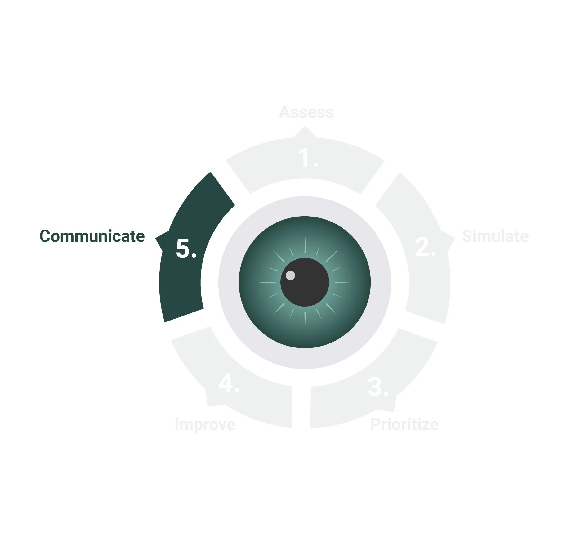 Birdseye eyeball graphic, five sections, top-left section, "communicate" highlighted in dark green