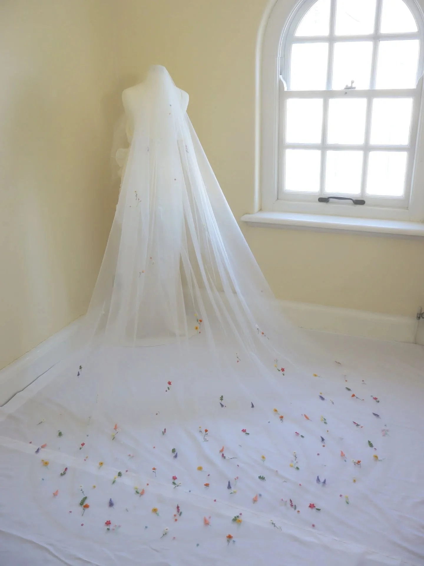 A veil for Katy 🩷

Lots of colourful but delicate flowers for her Chapel length wedding veil. 

Embroidered by hand on soft and sheer ivory tulle and created in a waterfall cut so there isn't too much volume at the top of the veil. This is perfect i