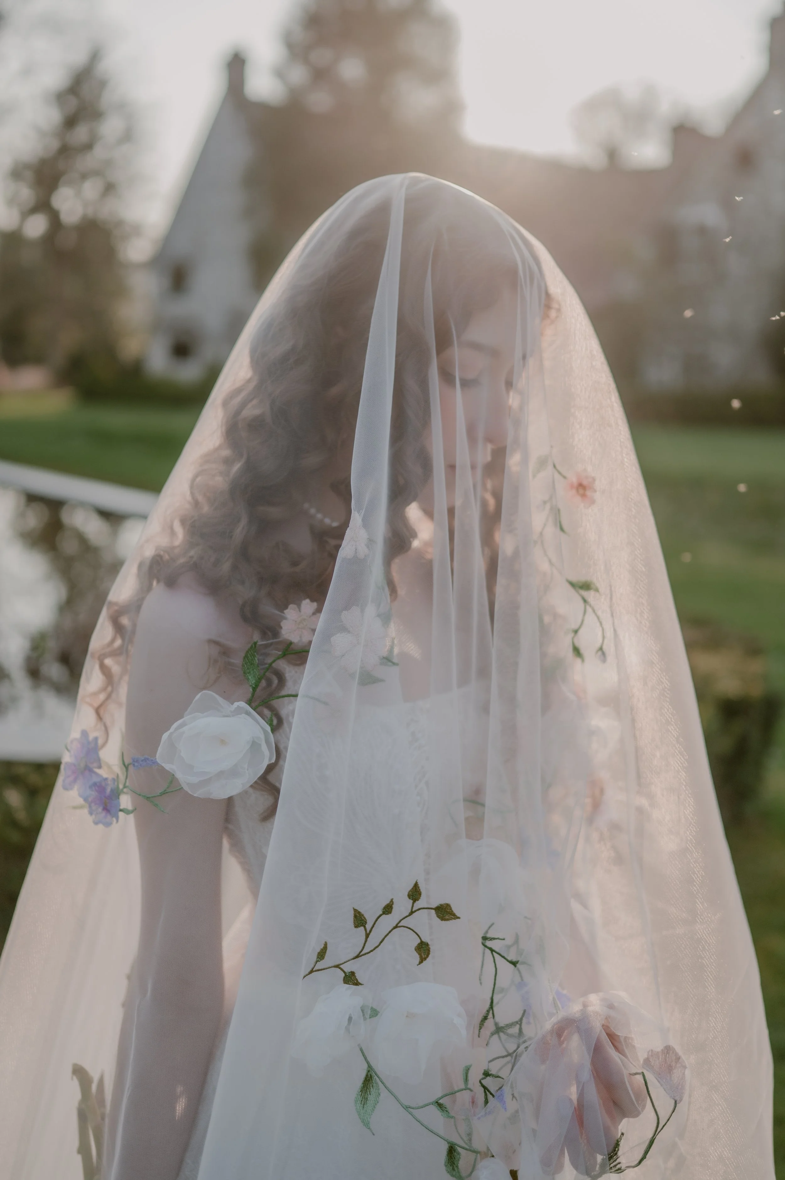 pastel floral embroidered custom wedding veil with pastel pink flowers by natasha nicole studio