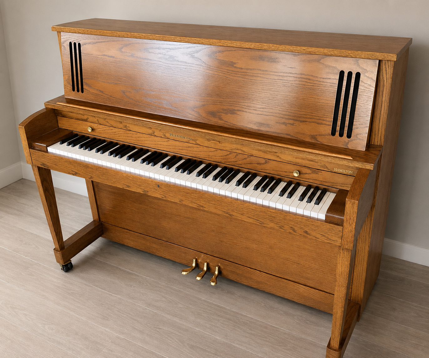 Upright oak coloured piano