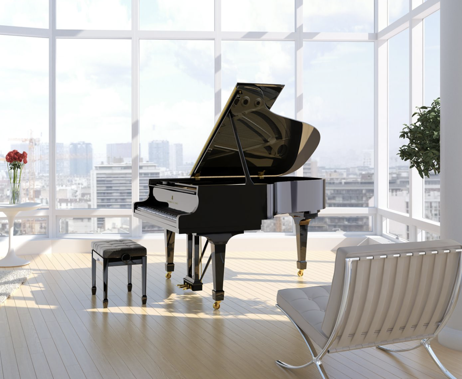 A grand black piano with open lid in a modern high-rise room with floor-to-ceiling windows, city skyline view, a white chair, a small table with red flowers, and a potted plant.