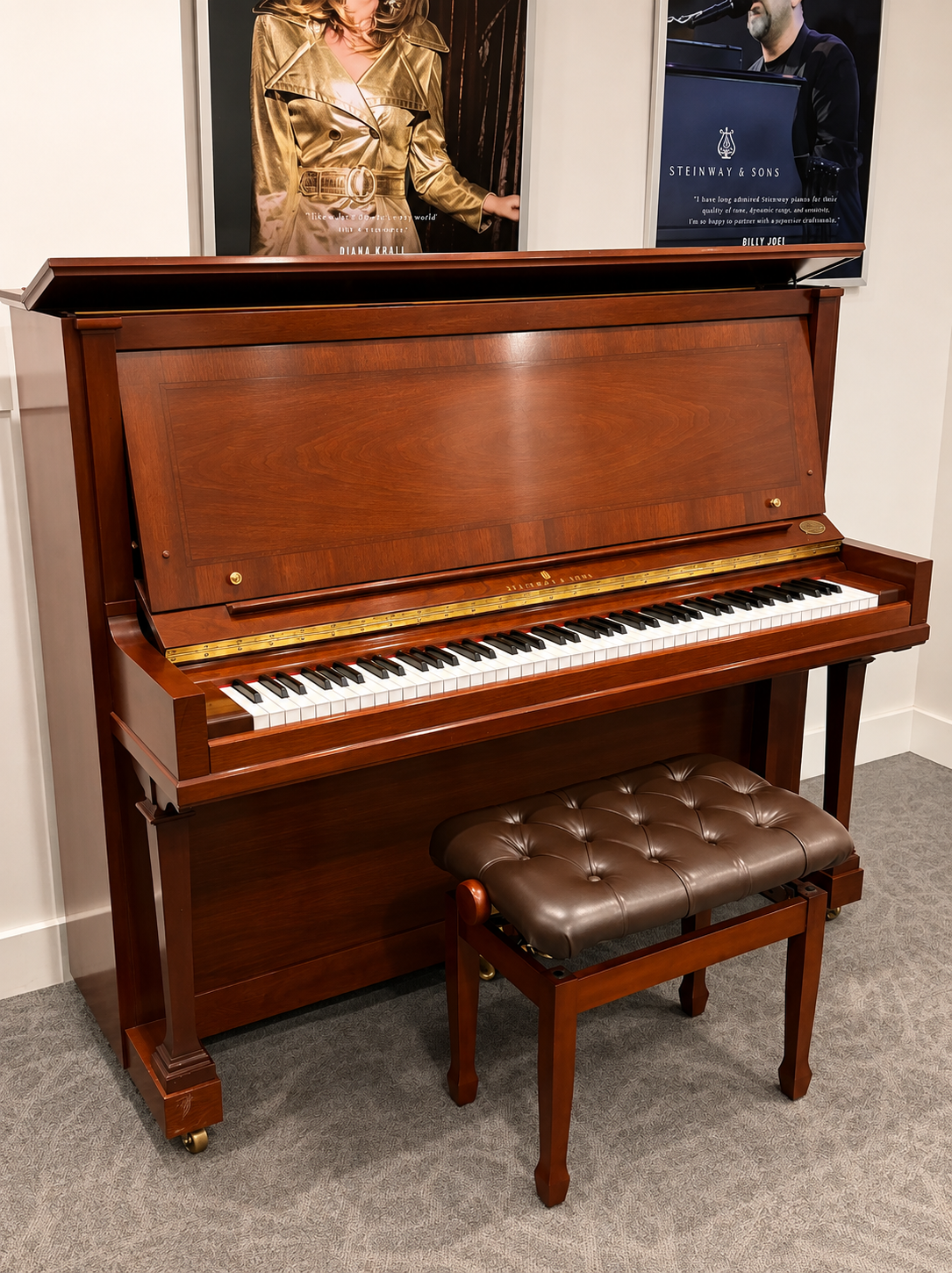 A large upright piano in Mahogany finish