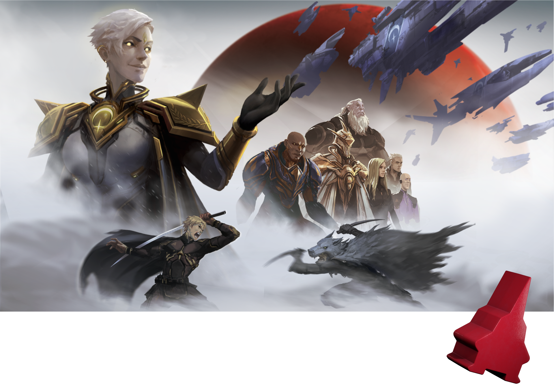 A poster featuring characters from the game Overwatch, with a large spaceship flying in space above them and a red planet in the background. The bottom right corner has a partial view of a red seat.