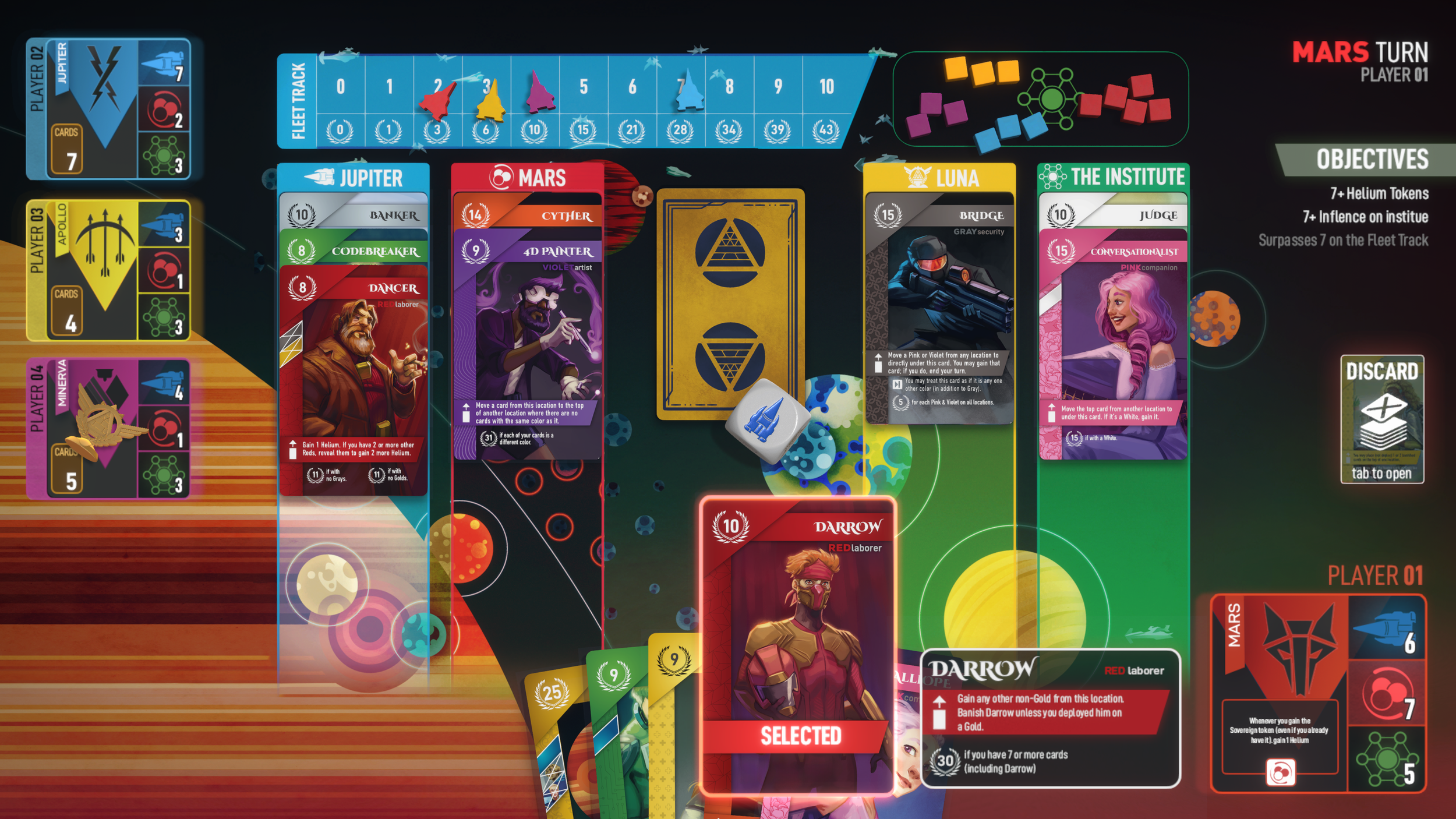 Gameplay board with various colored character cards, objectives, and game elements related to space exploration, including planets and fleet track.