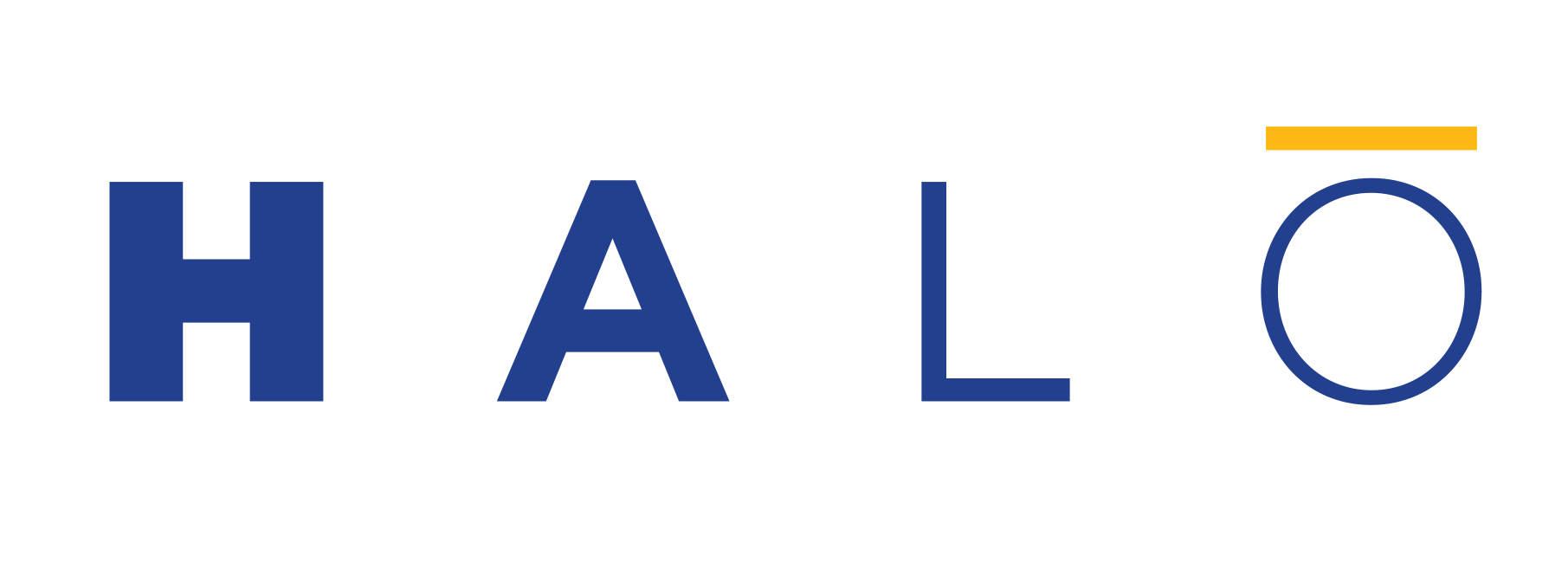 HALO logo with blue lettering and yellow line above the O.