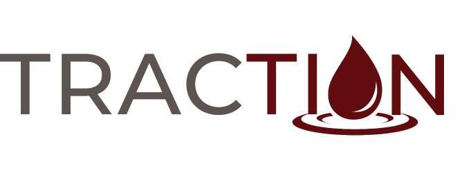 Traction logo: grey letters TRAC turns to red lettering for TION but the O is a drop of blood.