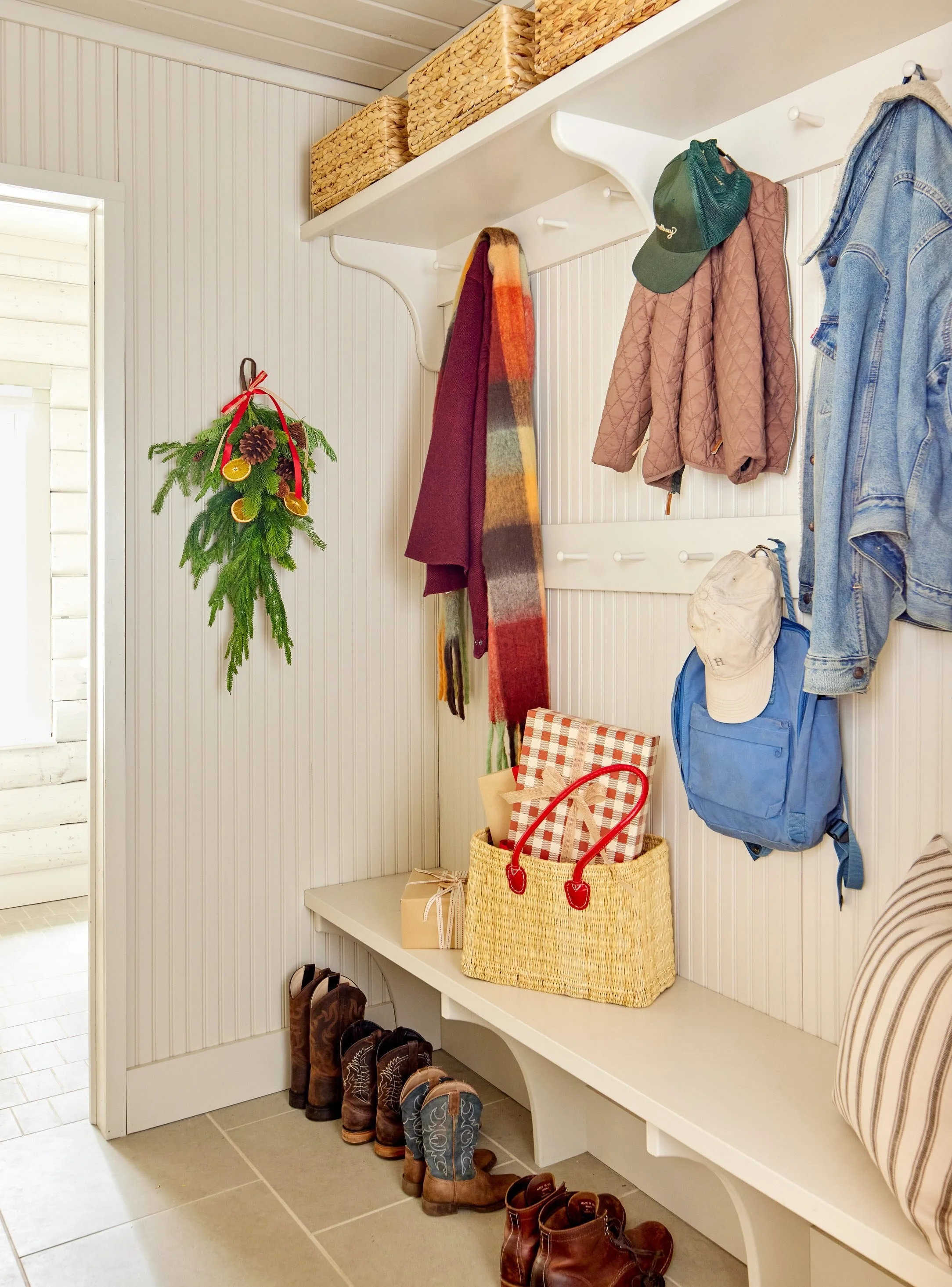 Cute cottage mudroom with Christmas decor