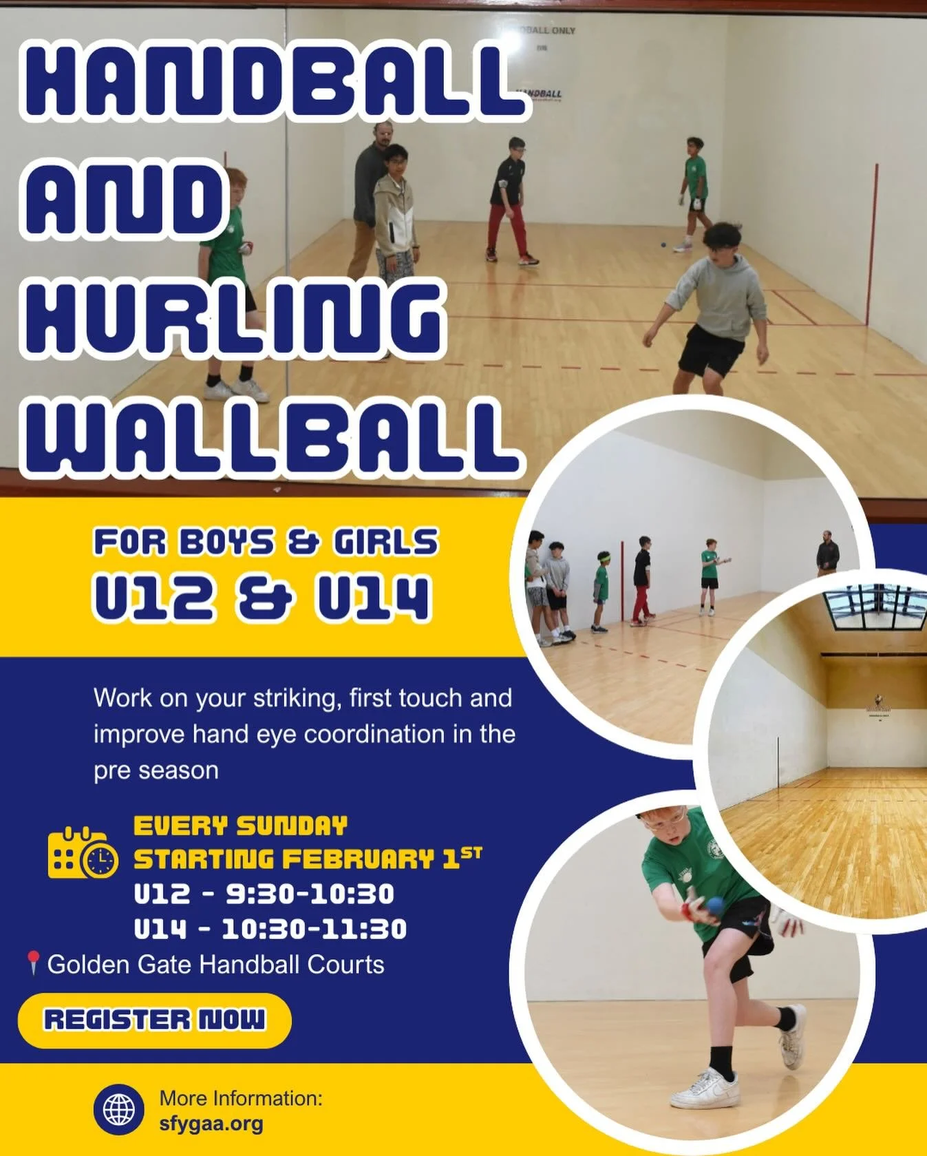 SFYGAA is excited to announce its first collaboration with USHA/ GAA Handball. 

Building on the success of last years inclusion of handball at the Irish camps hosted at the United Irish Cultural Center 

Come join us as we blend Wall ball Hurling an