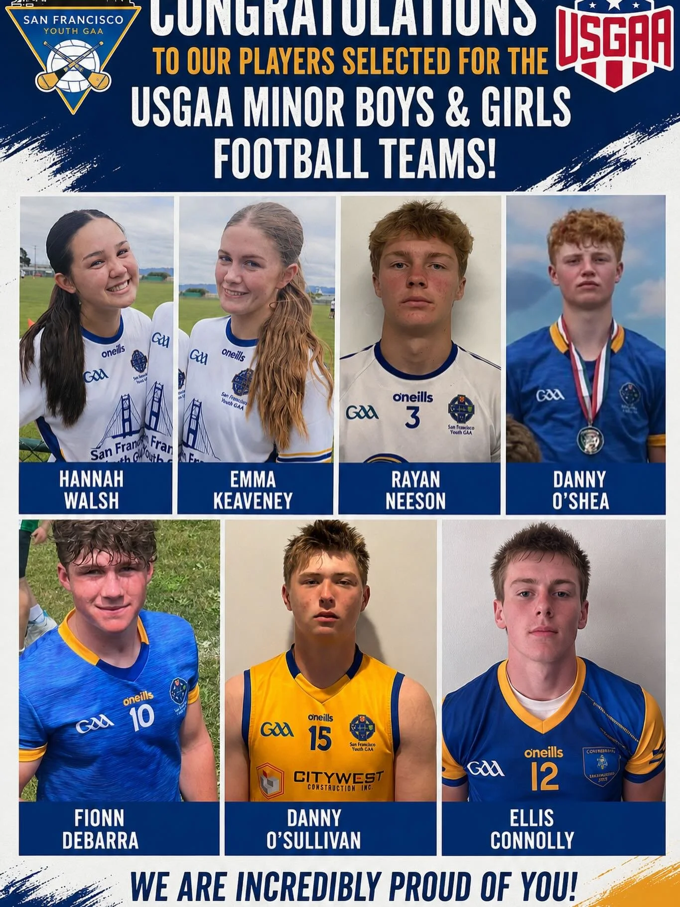 We are delighted to congratulate our  talented players on being selected to the first-ever
USGAA Boys and Girls Minor Teams.
This is a tremendous achievement to the hard work, dedication, and commitment shown by each player throughout their time play