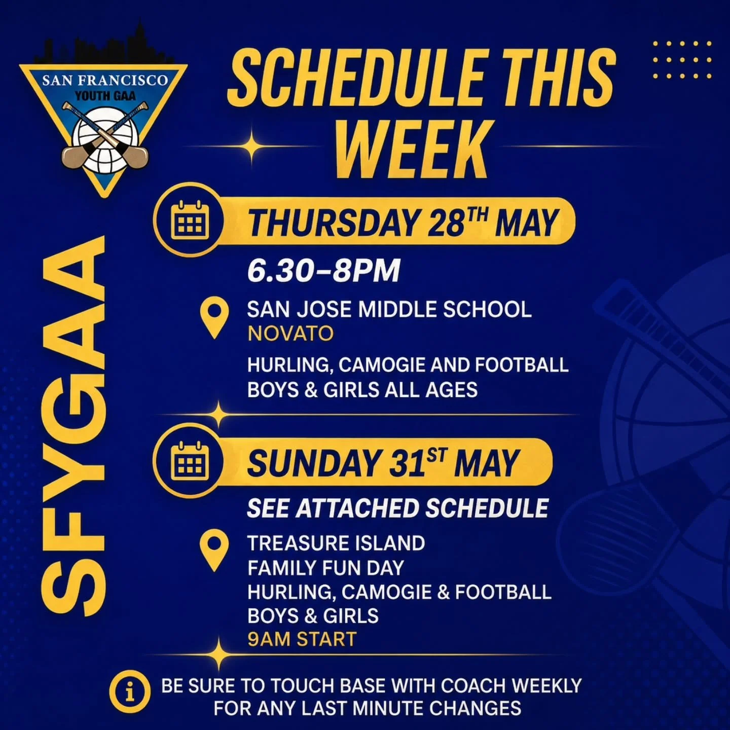 Hoping everyone had a great Memorial Day weekend! 🇺🇸☀️
We&rsquo;re kicking back into another fun-filled week of training and social events.

Thursday, May 28th
⏰ 6:30pm &ndash; 8:00pm
📍 San Jose Middle School
Hurling, Camogie &amp; Gaelic Football