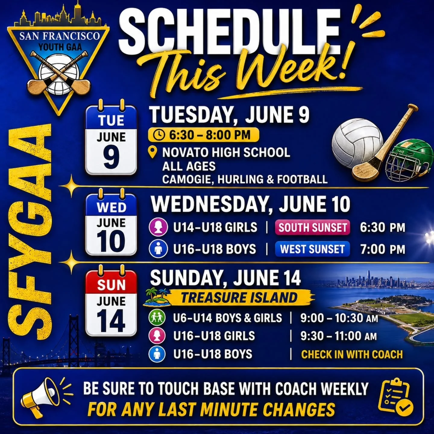 ☀️ Another exciting week ahead for SFYGAA! ☀️

We&rsquo;re back on the pitch with Camogie, Hurling, and Gaelic Football across the Bay Area.

📍 Tuesday &ndash; Novato High School
⏰ 6:30&ndash;8:00 PM
🏐 All ages welcome

📍 Wednesday 
👧 U14&ndash;U